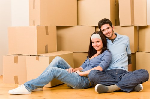 Packed business items ready for transport during a commercial move